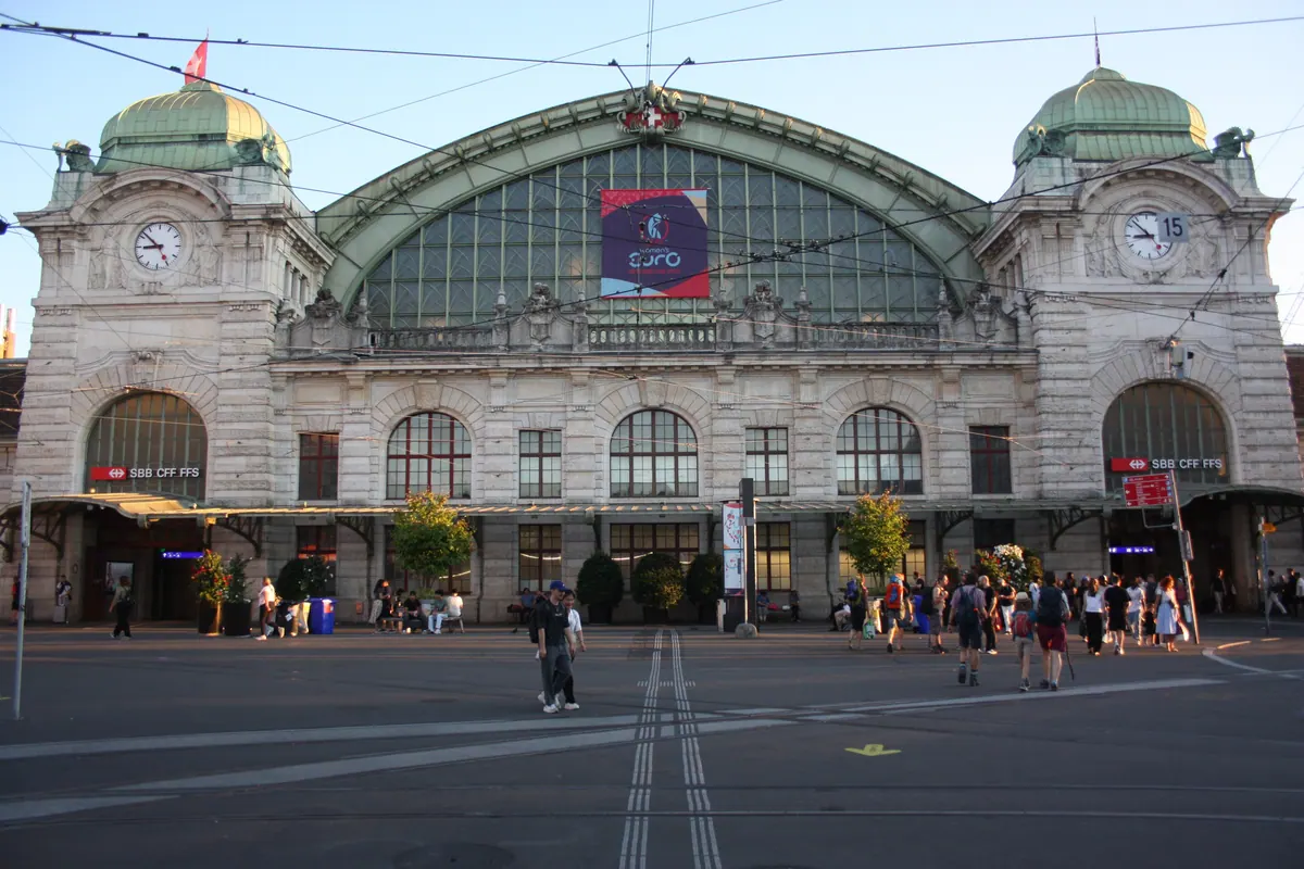 The front of Basel SBB station, where TGV Lyria trains from Paris first stop in Switzerland