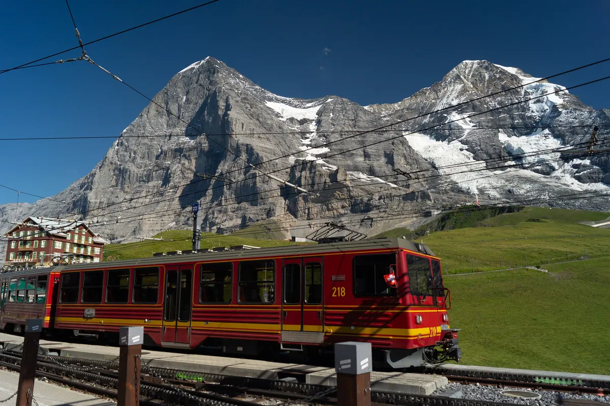 Jungfrau Railway train at Kleine Scheidegg station below the Eiger