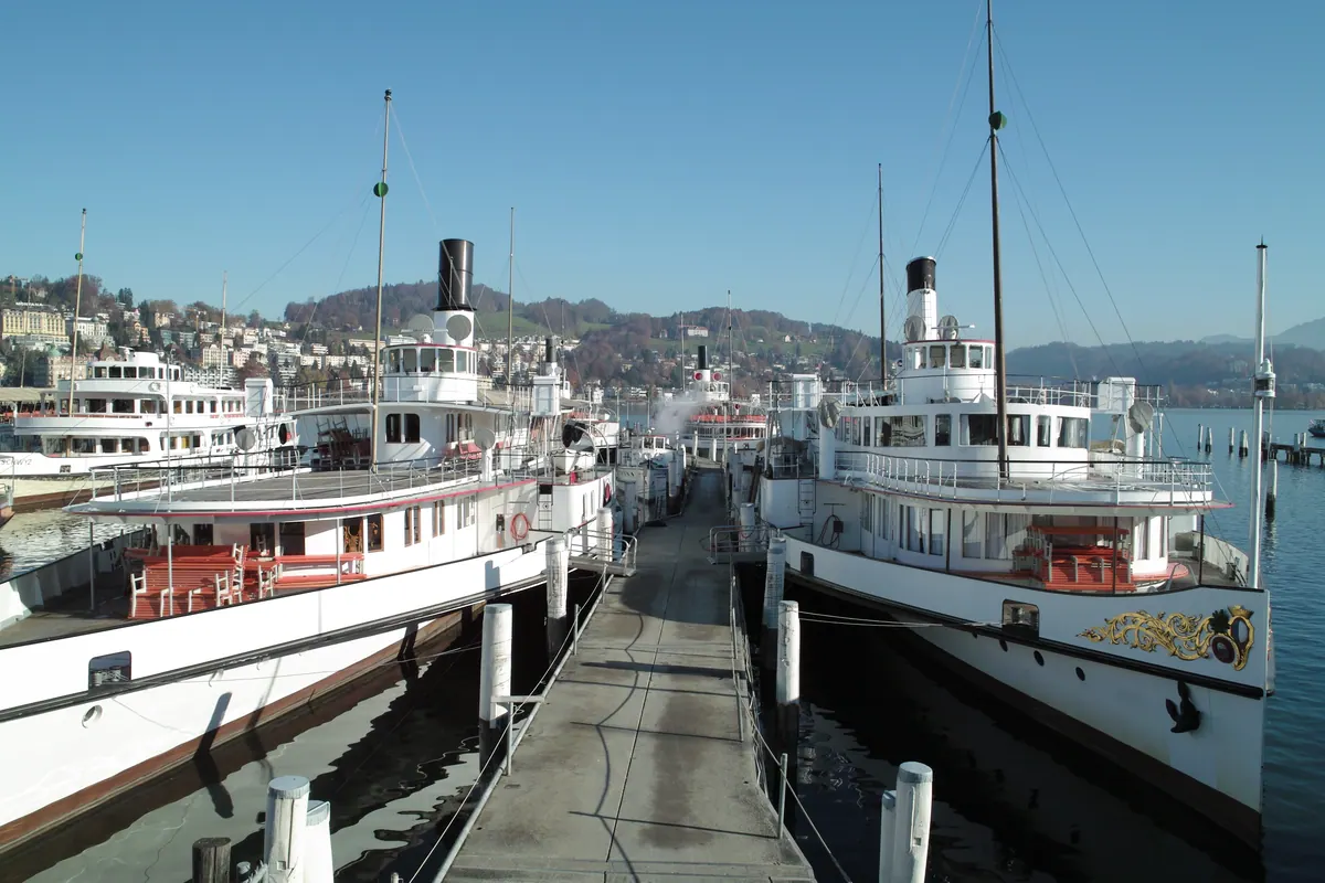 Lake Lucerne paddle steamers moored at the quay in Lucerne