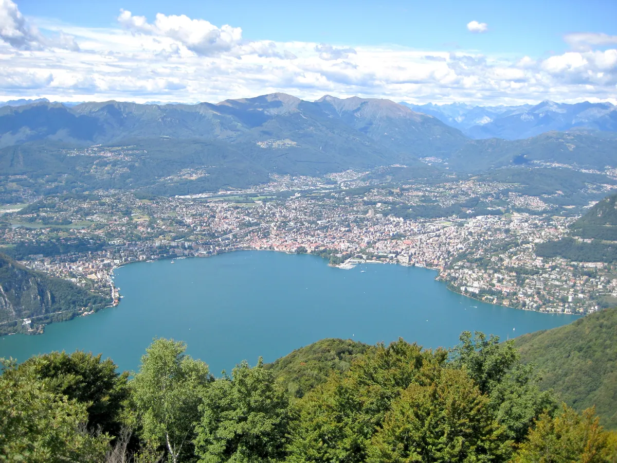 Lugano and its lake seen from Sighignola, in the Italian-speaking south of Switzerland