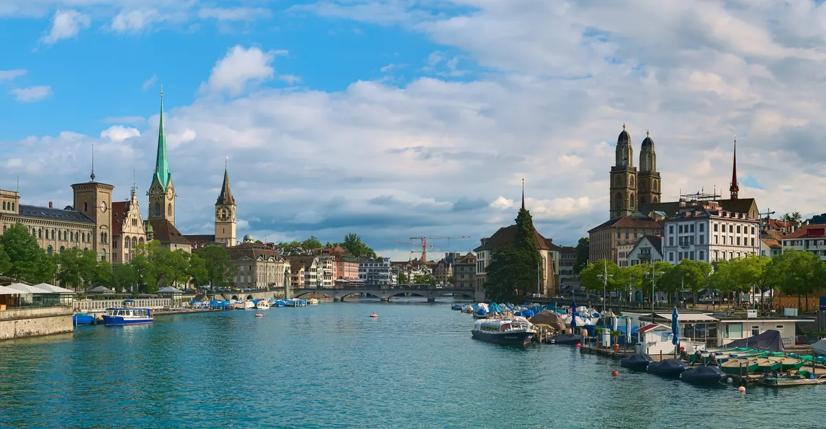 Zurich seen from the Quaibrücke, with the Limmat and the Old Town churches